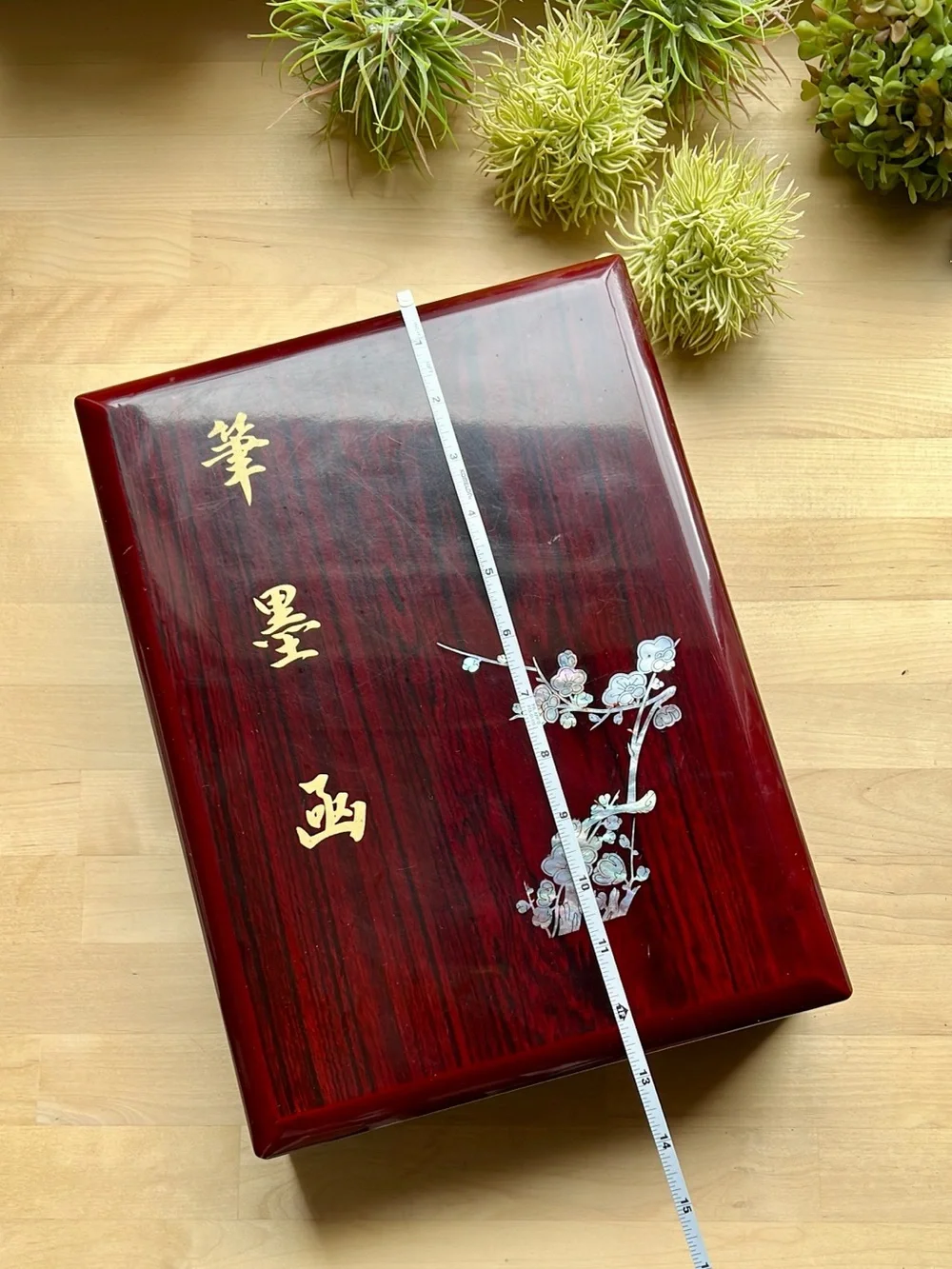 Calligraphy Mother of Pearl Floral Texture Pattern Wooden Box Container Case